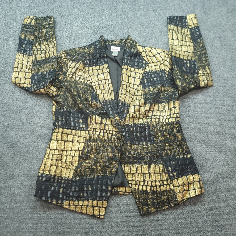 Chicos Metallic Gold Black Croc Silk Blend Blazer Jacket Size 1 Womens M